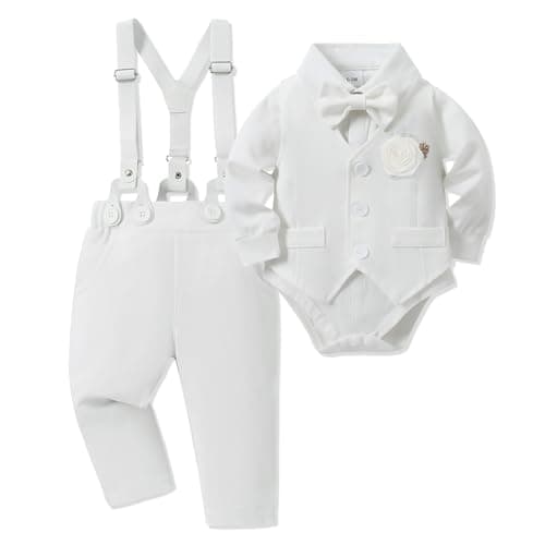 SOLOYEE Baby Boy Clothes Suit Newborn Infant Christening Baptism Outfit Shirt+Bowtie+Vest+Corsage+Suspender+Pants Gentleman Wedding Outfits 6Pcs Set (12-18 Months, White) - Image 1