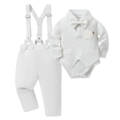 SOLOYEE Baby Boy Clothes Suit Newborn Infant Christening Baptism Outfit Shirt+Bowtie+Vest+Corsage+Suspender+Pants Gentleman Wedding Outfits 6Pcs Set (12-18 Months, White) - Image 1