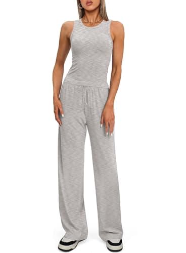 Darong Women's Two Piece Outfit Crew Neck Tank Top with Drawstring Long Wide Leg Pants Tracksuit Lounge Set 9054B Light Grey S - Image 3