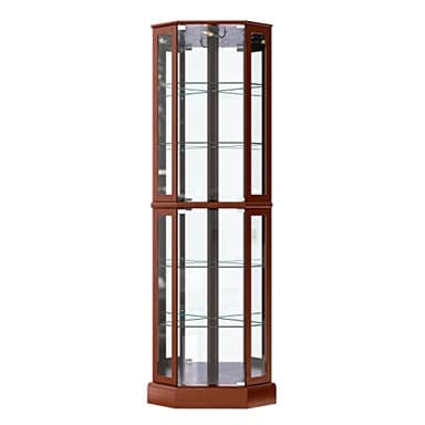 BELLEZE Lighted Corner Display Curio Cabinet,72" Tall Wooden Curved Shelving Unit with Tempered Glass Door, Bar and Liquor Storage Area with 6 Shelves - Ashfield (Walnut) - Image 6