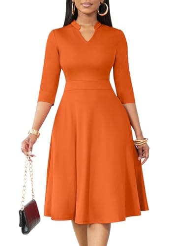 Nmoder Casual Dresses for Women Semi Formal Fit and Flare 3/4 Sleeve A-line Church Work Dress with Pockets Orange L - Image 1