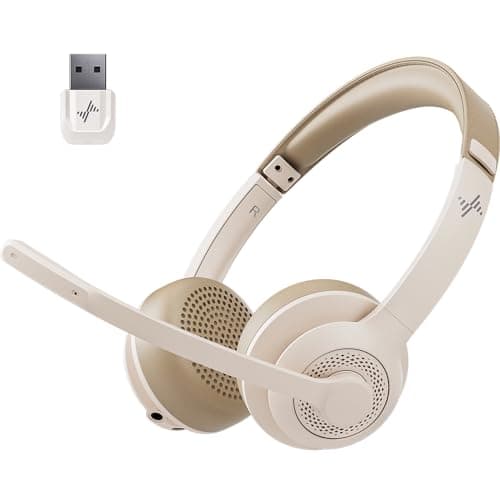 JIAMQISHI Wireless Headset with AI Noise Cancelling Microphone Bluetooth Headset - Bluetooth V5.2 Headphones with USB Dongle & Mic Mute for Computer/Laptop/PC/iPhone/Android/Cell Phones (White) - Image 1