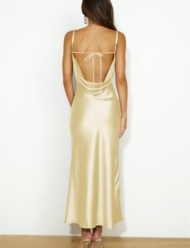 Mogidol Summer Satin Spaghetti Strap Cowl Neck Backless Midi Dresses for Women Elegant Tie Low Back Ruched Cocktail Dress Yellow - Image 2