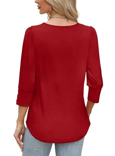 3/4 Length Sleeve Womens Tops Dressy Casual Blouses Christmas Valentine's Day Thanksgiving Shirts Plus Size Summer Clothes Flowy Solid Red 3XL - Image 5