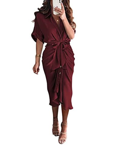 BTFBM Women Button Down Ruched Shirt Dresses Satin Short Sleeve Lapel V Neck Summer Maxi Dress 2025 Party Wedding Guest(Dark Wine Red, Medium) - Image 1