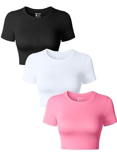 OQQ Women's 3 Piece Crop Tops Crew Neck Shorts Sleeve Stretch Fitted Shirts Crop Tops Black White Candypink - Image 1