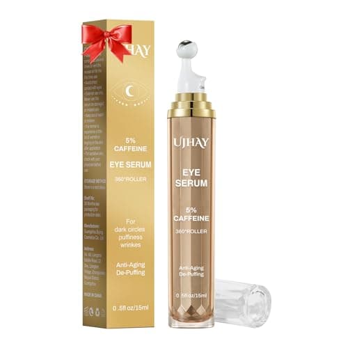 UJHAY 5% Caffeine Eye Cream, Under Eye Serum for Dark Circles, Puffiness & Wrinkles Fine Lines, Eye Roller Serum with 360° Massage Ball, Eye Treatment Balm for Men & Women - Image 1