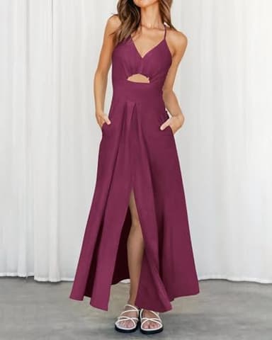 BTFBM Women 2025 Summer Spaghetti Strap Midi Dress Sleeveless V Neck Cutout Slit Casual Beach Party Maxi Dresses Pockets(Purple, Large) - Image 6