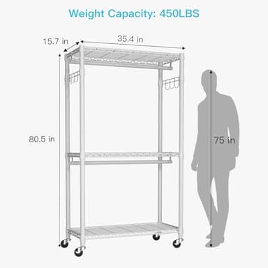 FUTASSI P1 Heavy Duty Garment Rack, 3 Tiers Adjustable Rolling Metal Closet Organizer with Lockable Wheels, FreeStanding Wardrobe with Double Hanger Rods & 1 Pair Hooks, Max Load 450 LBS, White - Image 6
