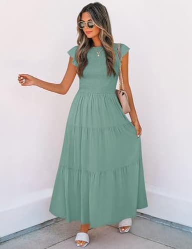 ZESICA Women's 2026 Summer Casual Flutter Short Sleeve Crew Neck Smocked Elastic Waist Tiered Midi Dress - Image 6
