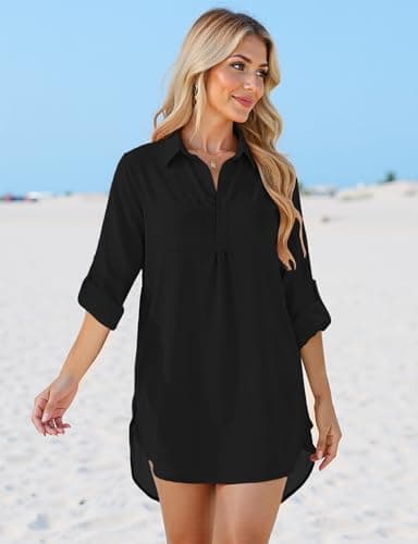 Swimsuit Coverups for Women, V Neck Bathing Suits Cover Ups for Women, 3/4 Sleeve Bikini Cover Up Beach Dress (XL, Black) - Image 8