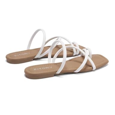 FITORY Women's Slide Sandals Flat Toe Ring Thongs with Cross Strap for Summer Size 9 White - Image 5