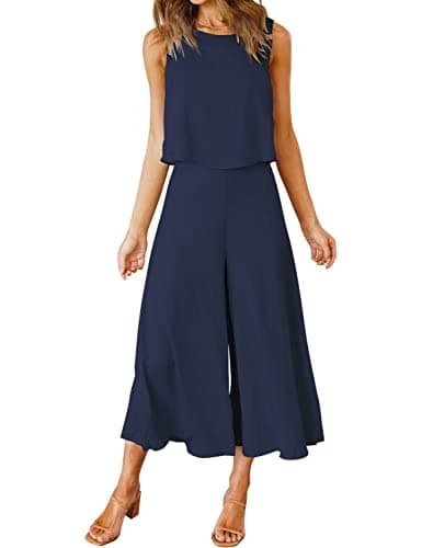 ROYLAMP Women's Summer 2 Piece Outfits Round neck Crop Basic Top Cropped Wide Leg pants Set Jumpsuits Navy Blue M - Image 1