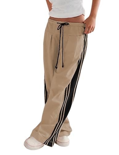 Hongsui Women's Wide Leg Pants Drawstring High Rise Side Striped Slouchy Palazzo Pants with Pockets (Khaki-XL) - Image 1