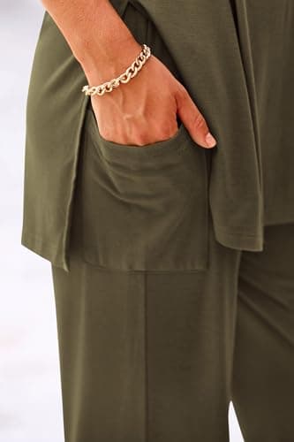 KIRUNDO Lounge Sets for Women 2025 Casual Summer Oversized Short Sleeve Shirts Tops and Wide Leg Pants Sets Clothing Maternity Lounge Set(Army Green, Large) - Image 5