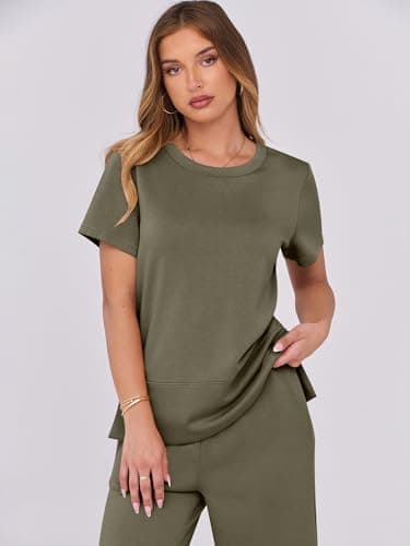 ANRABESS Women 2 Piece Lounge Sets Summer Travel Sweat Outfits Short Sleeve Wide Leg Casual Matching Tracksuits Clothes Army Green Large - Image 5