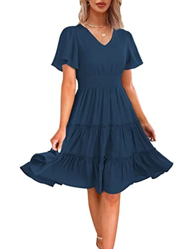 Zattcas Women 2025 Sping Summer Dress Short Sleeve V Neck Smocked Casual Flowy A Line Tiered Modest Teacher Work Graduation Wedding Guest Midi Dress Navy Blue XL - Image 1