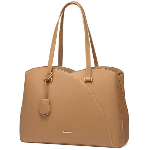 LOVEVOOK Work Laptop Tote Bag for Women, Leather Laptop Bag Teacher Tote Bag, Professional Computer Bag Large Purses Handbag, Beige, Fits 15.6 Inch Laptop - Image 1