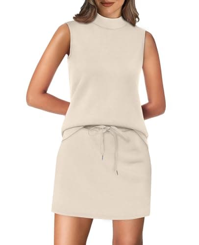 XIEERDUO Two Piece Sets for Women Summer Lounge Travel Vacation Airport Outfits Matching Skirt Sets Women Clothing Mock Neck Tank Tops Athletic Dress Beach Fashion Clothes Resort Wear 2025 Beige L - Image 1