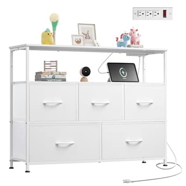 WLIVE White Dresser for Bedroom, 5 Drawer Dressers with Charging Station, Fabric Chest of Drawers with Open Shelves, Storage Dresser for Living Room, Closet, Entryway - Image 1