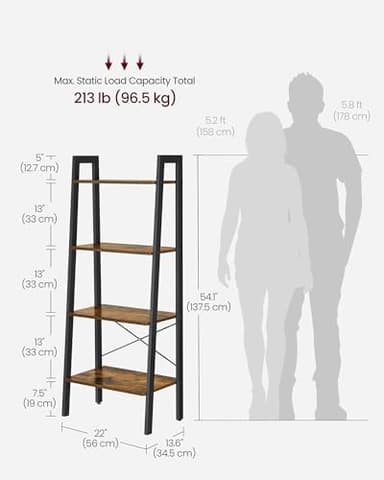 VASAGLE Ladder Shelf, 4-Tier Bookshelf, Storage Rack, Bookcase with Steel Frame, for Living Room, Home Office, Kitchen, Bedroom, Industrial Style, Rustic Brown and Ink Black ULLS44X - Image 3