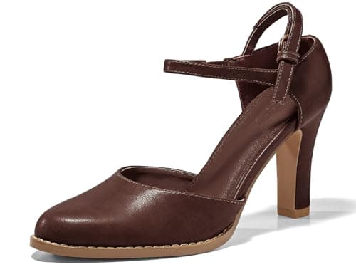 Coutgo Womens Chunky High Heels Closed Pointed Toe Ankle Strap Pumps Vintage D'Orsay Dress Party Shoes, Dark Brown, Size 7.5 - Image 1