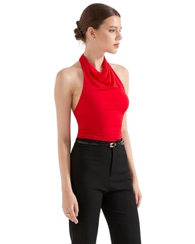 SUUKSESS Women Halter Backless Tank Tops Sexy Cowl Neck Summer Going Out Tops Sleeveless Camisole Top (Red,M) - Image 3