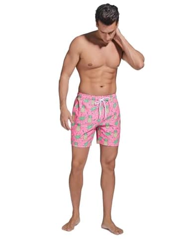 SILKWORLD Mens Swim Trunks with Compression Liner Quick Dry Bathing Suit with Zipper Pockets, Pink Pineapple, Large - Image 5
