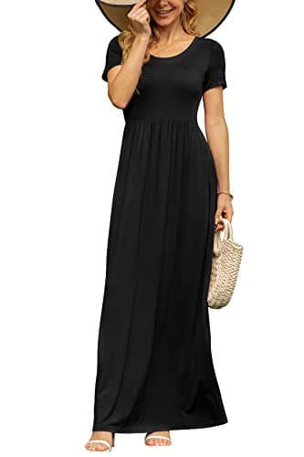 DB MOON Womens Maxi Dresses Casual Short Sleeve & Pockets Empire Waist Long Dress for Beach Party XL, Black - Image 4