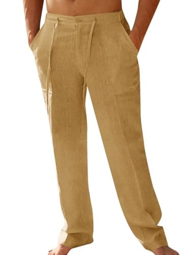 PASLTER Mens CasualCotton Pants Loose Fit Straight-Legs Elastic Drawstring Waist Summer Beach Long Pant - Image 1