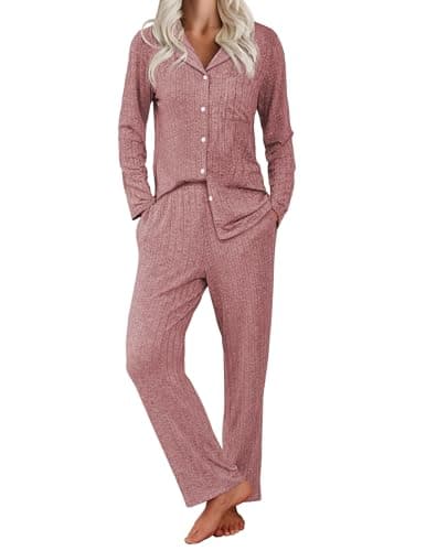 Ekouaer Womens Ribbed Knit Pajama Sets 2 Piece Lounge Set Long Sleeve Button Down Pjs Sleepwear Set with Pockets Pink XX-Large - Image 1