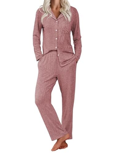 Ekouaer Womens Ribbed Knit Pajama Sets 2 Piece Lounge Set Long Sleeve Button Down Pjs Sleepwear Set with Pockets Pink XX-Large - Image 1