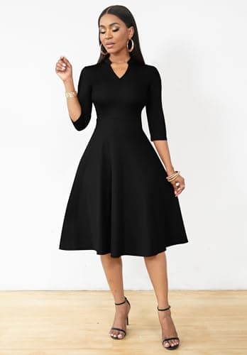 Nmoder Casual Dresses for Women Semi Formal Fit and Flare 3/4 Sleeve A-line Church Work Dress with Pockets Black L - Image 3