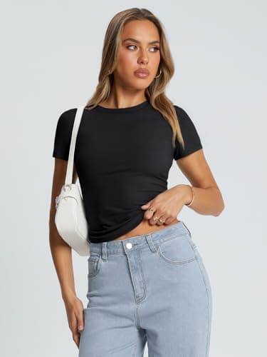 Trendy Queen Womens Basic T Shirts Summer Tops 2025 Crop Short Sleeve Slim Fit Tee Cute Gym Workout Clothes Black L - Image 5