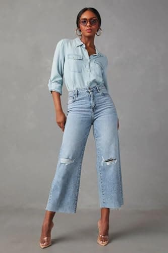 Allimy Women's High Rise Capris for Women Wide Leg Crop Jeans Baggy Y2K Clothing Light Wash Denim Blue Size 10 - Image 6