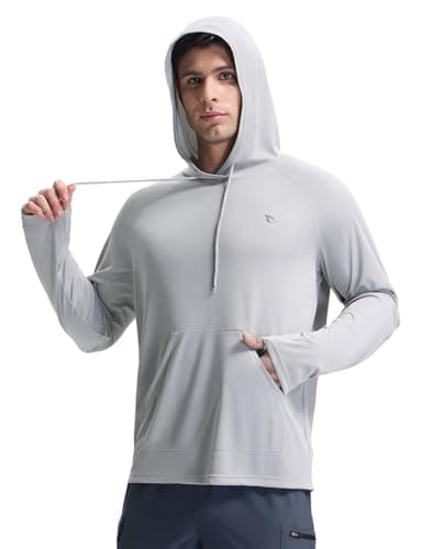 baleaf Swim Shirts Men Rash Guard Long Sleeve Sun Protection Hoodie UV Lightweight Athletic Running with Kangaroo Pocket Light Gray L - Image 1