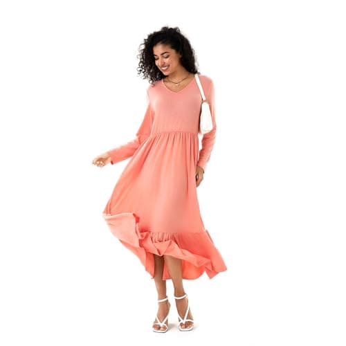Women's Spring Solid V-Neck Long Sleeve Dress Loose Pleated Hem Fluttering Swing Midi Long Dresses with Pockets Orange Pink - Image 1