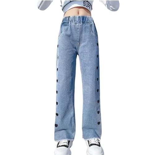 NABER Kids Girls Casual Wide Leg Denim Pants Heart Pattern Elastic Waist Jeans Size 4-14 Years (Blue2, 9-10 Years) - Image 1