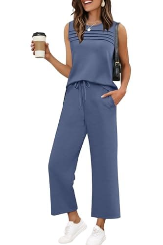 WIHOLL Summer Outfits for Women Two Piece Set Casual Wide Leg Pants Vacation Lounge Sets Travel Airport Outfits Trending Matching Sets Women Clothes Blue XL - Image 1