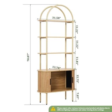 71" Tall Fluted Arched Bookshelf with Sliding Tambour Doors, Mid Century Modern Metal Curved Bookshelf Cabinet with Storage, 4-Tier Open Display Storage Shelf for Home Office, Living Room (Natural) - Image 3