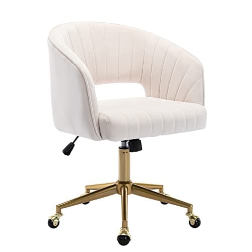 Home Office Chair Swivel Velvet Desk Chair Accent Armchair Upholstered Modern Tufted Chairs with Gold Base for Girls Women Ergonomic Study Seat Computer Task Stools for Living Room(Cream) - Image 1
