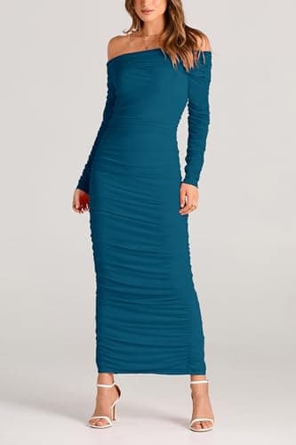 PRETTYGARDEN Women's Fall Off Shoulder Maxi Bodycon Dress Long Sleeve Ruched Fitted Club Dresses with Slit (Lake Blue,Large) - Image 5