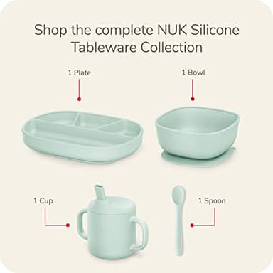 NUK Silicone Baby Tableware Bundle, Includes 1 Plate, 1 Bowl, 1 Cup, & 1 Spoon, Durable Suction Feature Helps Reduce Spills, Microwave-Safe, BPA-Free - Image 5