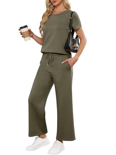 ANRABESS Women 2 Piece Lounge Sets Summer Travel Sweat Outfits Short Sleeve Wide Leg Casual Matching Tracksuits Clothes Army Green Large - Image 1