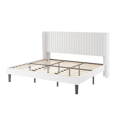 SHA CERLIN King Size Velvet Bed Frame with Vertical Channel Tufted Wingback Headboard, Upholstered Platform Bed with Wood Slats, No Box Spring Needed, Easy Assembly, White - Image 8
