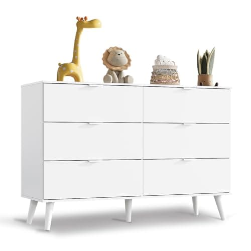 WLIVE 6 Drawer Dresser for Bedroom, 47.24'' Wide Wood White Dresser, Storage Organizer with Sturdy Metal Handle, TV Stand for 55 inch TV, Chest of Drawers for Living Room, Hallway, Closet - Image 1