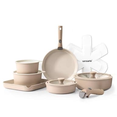 SENSARTE 17 Piece Ceramic Pots and Pans Set, Nonstick Detachable Handle Cookware, Induction Kitchen Cookware Set with Removable Handle, Dishwasher ＆ Oven Safe (Almond Beige) - Image 1