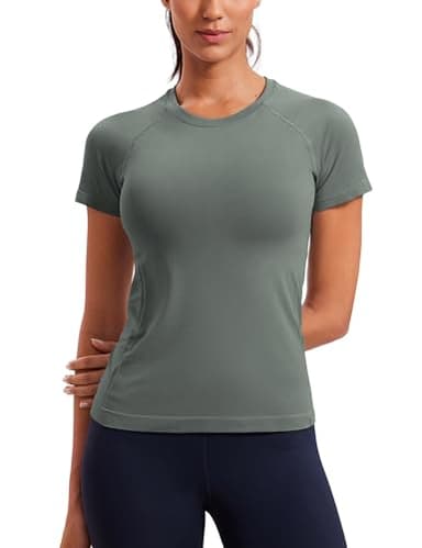 CRZ YOGA Seamless Workout Tops for Women Short Sleeve Athletic Tees Breathable Gym Running Yoga Shirts Grey Sage Medium - Image 1