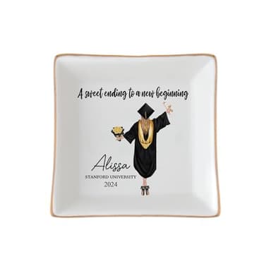 Personalized Jewelry dish graduation gifts for her 2025, A Sweet Ending to a New Beginning, Gifts for Best Friend 02 - Image 1