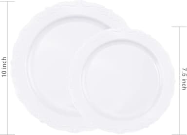 U-QE 100 Pieces White Plastic Plates - White Disposable Plates - Premium Hard Plastic Disposable Plates for Wedding and Party Use Including 50 Dinner Plates 10 '' & 50 Dessert Plates 7.5 '' - Image 2